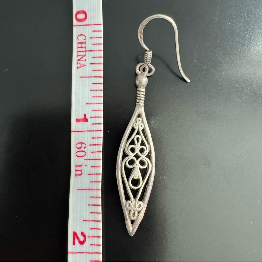 Sterling Silver Openwork Dangle Earrings Marquise… - image 3